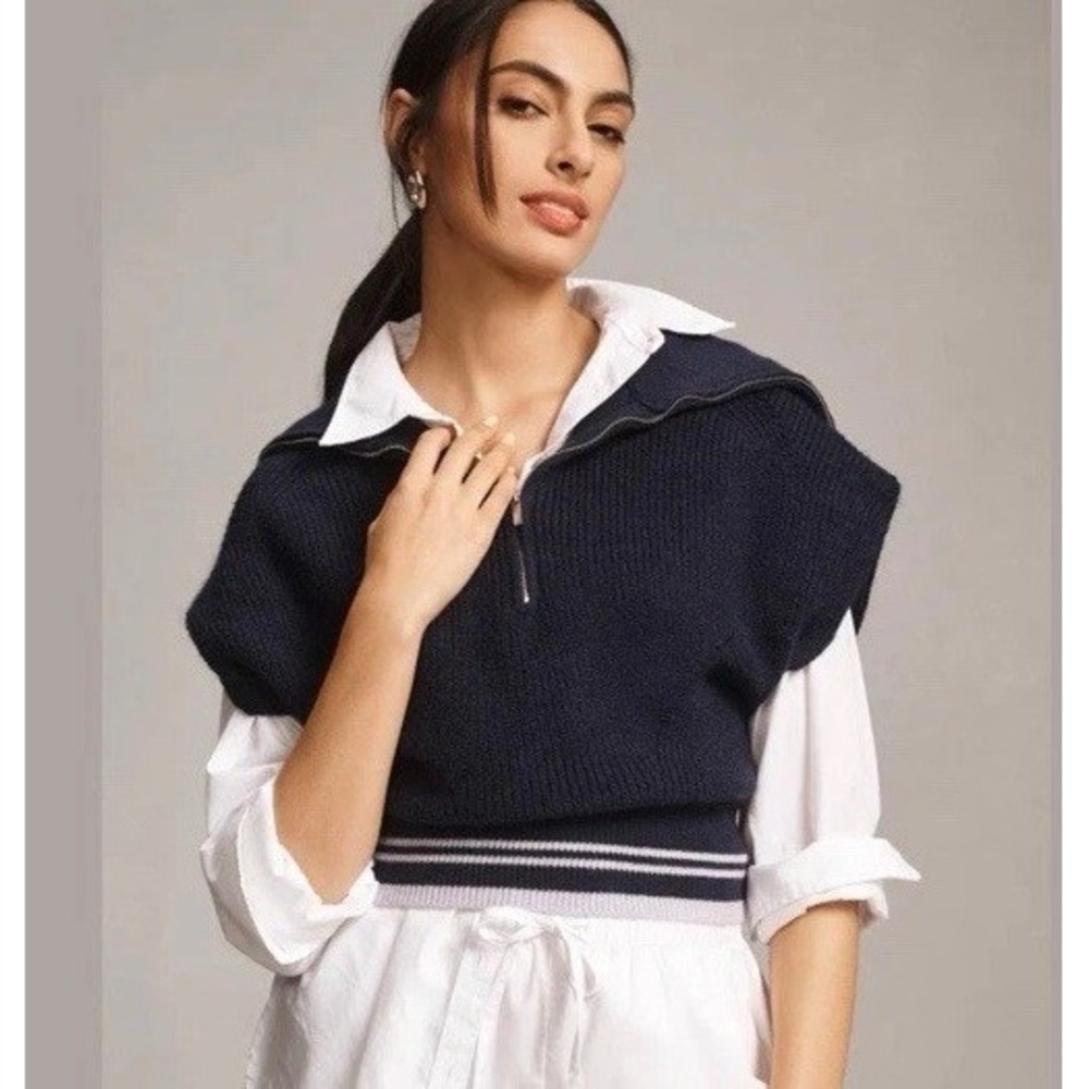 NWT Anthropologie Maeve Quarter-Zip Sweater Tee Sz M Navy Blue $118